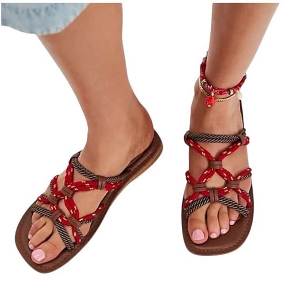 Free People Tied-Up Rope Sandals Women’s 9.5 Red Tan Square Toe Strappy NIB - Picture 1 of 9